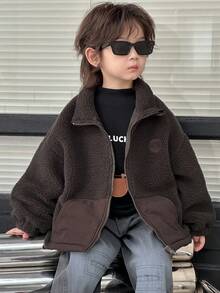 DAZY Young Boy Autumn/Winter Embroidered Design Drop Shoulder Long Sleeve Zip-Up Sherpa Jacket