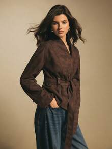 Poéselle Brown Belted Faux Suede Jacket For Women - Long Sleeve Wrap Coat, Soft Minimalist Lightweight Outerwear,Women's Fashion Waist Belt Long Sleeve Button Jacket Women Fall Clothes Brown Blazer Women Women S Fall Clothes Chocolate Brown Top - Chocolate Brown - View 6