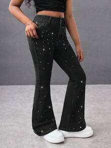 千禧少女春夏度假纯色水洗优雅高腰水钻弹力喇叭牛仔裤，毛边裤脚，夏季海滩波西米亚风度假喇叭裤，夏季音乐会、节日休闲派对、夏季早午餐、教堂毕业典礼、街头风、返校季喇叭裤，低腰宽松星形牛仔裤 - 黑色 - 查看 5
