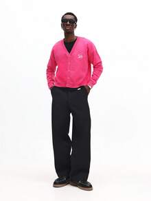 SUMWON Crop Fit Bright Button Front Cardigan With Logo Embroidery For Casual Layering Spring Summer Wear - Hot Pink - View 3