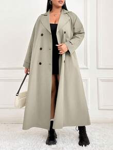 SHEIN EZwear 大码女式纯色翻领长袖双排扣长款休闲风衣夹克，秋季 - 卡其色 - 查看 1