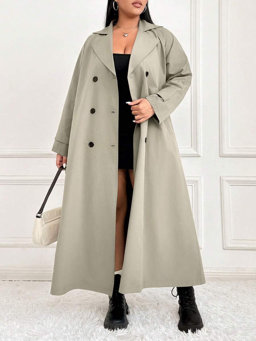 SHEIN EZwear 大码女式纯色翻领长袖双排扣长款休闲风衣夹克,秋季 - 卡其色 - 查看 1