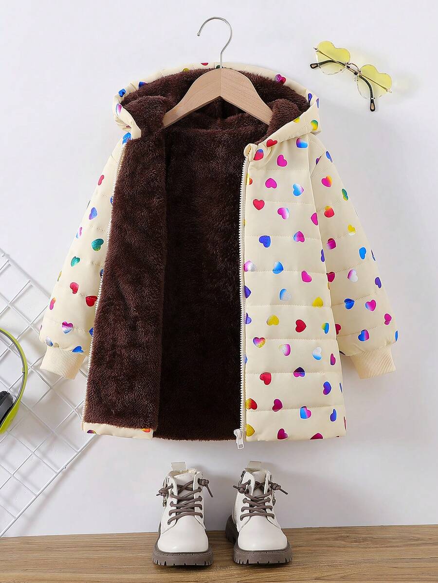 女童拉链连帽毛绒内衬棉衣 女童外套 儿童女童外套 儿童女童冬季夹克 儿童黑色外套 - 杏色 - 查看 1