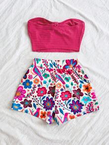 Soleia 2 件套女式黑白条纹编织抹胸短款上衣和高腰短裤套装，适合度假、约会、下午茶、海滩、游轮、城市旅行、音乐节、波西米亚风格 - 彩色 - 查看 2