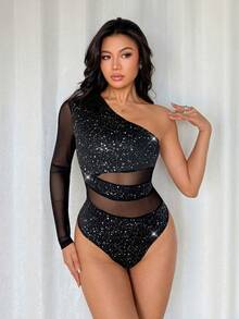 Rafferiza 时尚性感连体衣，网纱拼接，单肩设计，适合派对和聚会，女士连体衣，黑色连体衣，女士沙滩时尚连体衣 - 黑色 - 查看 4