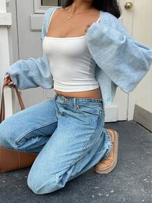 SHEIN Unity Casual Minimalist Versatile Front Open Loose Cardigan, Autumn/Winter - Blue - View 5