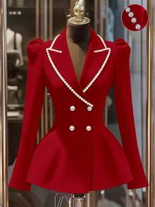 Franclia Áo khoác Blazer màu hồng sang trọng, nhẹ nhàng, đính ngọc trai, thắt eo thanh lịch dành cho nữ, mùa thu - Đỏ - Xem 1