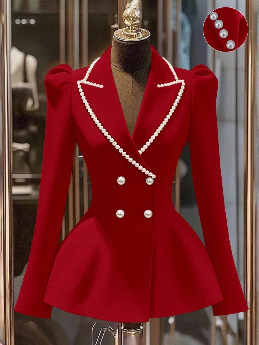 Franclia Áo khoác Blazer màu hồng sang trọng, nhẹ nhàng, đính ngọc trai, thắt eo thanh lịch dành cho nữ, mùa thu - Đỏ - Xem 1