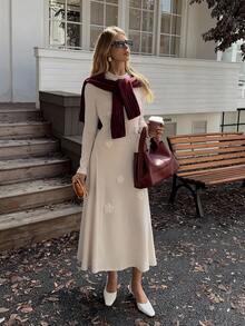 Elyressa Casual 3D Floral Decor Knitted Velvet Elegant French Style Dress For Women - Apricot - View 3