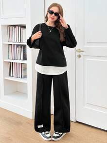 SHEIN 青少年女孩休闲旅行返校套装，针织拼布，织标，圆领长袖上衣和裤子，返校 - 黑與白 - 查看 3