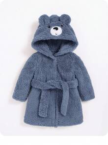 SHEIN 新生男婴可爱熊刺绣3D耳朵加厚腰袍 - 霧霾藍 - 查看 2