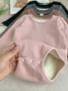SHEIN Bộ 4 áo liền quần tay dài màu trơn dệt kim dễ thương cho bé gái, bộ đồ liền quần mùa thu/đông cho bé gái, quần áo liền quần cho bé gái, quần áo dài tay màu trung tính cho bé gái, quần áo cho bé gái mùa thu - Nhiều màu - Xem 3