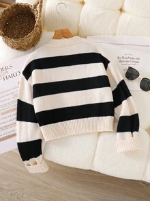 Sparklyn 1pc Women's Pullover Sweater, Fashionable V-Neck Classic Striped Color Block, Regular Thickness, Smooth Texture, Vibrant Colors, Versatile For Daily Wear, Suitable For Autumn/Winter White For Kid Clothes Preppy Clothes For Kids - Multicolor - View 2