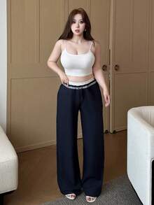 Dazy Plus Plus Size Women Casual Loose Straight Leg Pants With Colorblock Patchwork, Ruffle Waistband And Ditsy Floral - Navy Blue - View 6