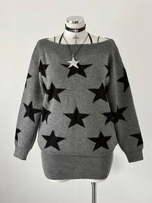 Sunspun Damen Große Größen Y2K Streetwear Stil Pentagramm Jacquard locker sitzendes Boot-Ausschnitt bequemes Strickkleid, geeignet für Herbst/Winter, Schulanfang, tägliche Fahrt, bestes Feriengeschenk für Halloween, Weihnachten - Grau - Übersicht 7