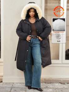 Vionelle Plus Size Long Sleeve Fur Collar Casual Coat With Belt - Black - View 5