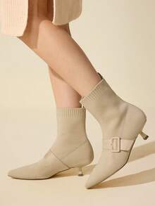 CUCCOO BASICS 女式尖头小猫跟踝靴，米色针织面料，水钻装饰，舒适透气弹力时尚短靴 - 杏色 - 查看 2