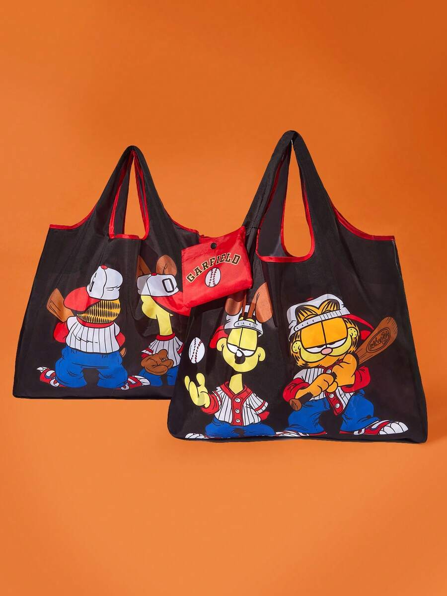 GARFIELD | SHEIN 1 个可爱卡通人物印花涤纶可折叠购物袋、手提袋,配有带珠链的小储物袋,可挂在包上,猫、狗、棒球 - 黑色 - 查看 1