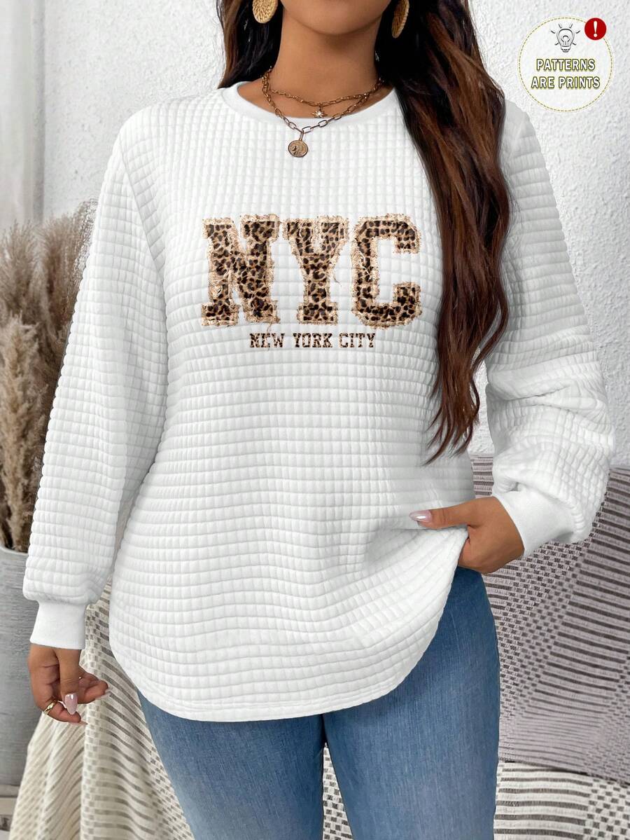 EMERY ROSE Áo nỉ cổ tròn họa tiết da báo NYC kẻ caro và họa tiết kẻ caro thoải mái màu trắng, thường ngày, mùa thu/đông, có đường viền cong và xẻ tà bên hông - Nhiều màu - Xem 1