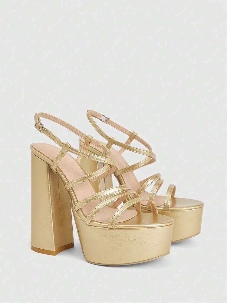 CUCCOO LuxiPop Women's Outdoor Round Toe Thick High Heel Waterproof Platform Gold Strap Gold PU Material Fashion Comfortable Daily Party Banquet Buckle Strap Sandals