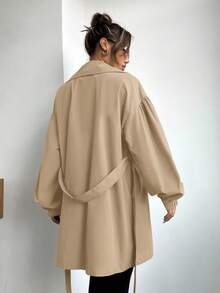 SHEIN EZwear 大码驼色纯色翻领纽扣领带休闲简约风衣 - 駝色 - 查看 9