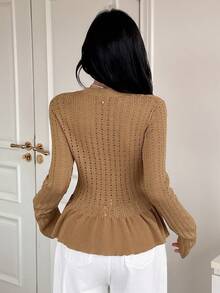 DAZY Women's Elegant Solid Color Ruffle Trim Faux Pocket Cardigan, Autumn - Brown - View 2
