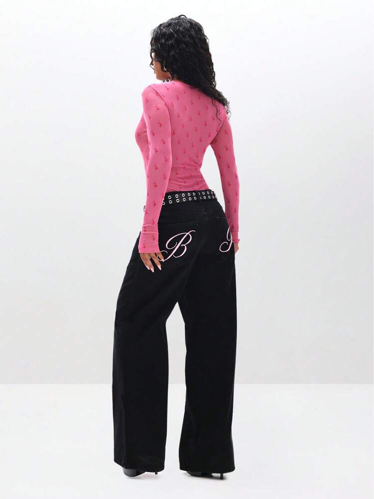 BABYPHAT Flocked Mesh Long Sleeve Bodysuit With Crew Neck Valentine's Day Fashion Top
