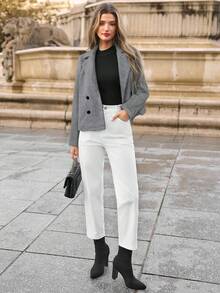 SHEIN Frenchy بليزر خفيف الوزن مزدوج الصدر بياقة صدر للنساء، لون أحادي، مناسب للعمل والتنقل والارتداء اليومي، ملابس خريف وشتاء للنساء