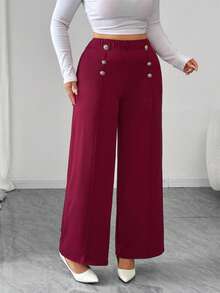 Elenzga Christmas Plus Size Women Elegant Knitted Wine Red & Gold Decorative Button Long Leggings - Burgundy - View 3
