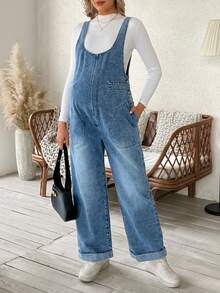 SHEIN Maternity Casual Basic Pocket Denim Bib Pants