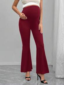 SHEIN 孕妇高腰时尚裤，带腹部支撑，喇叭腿 - 酒紅色 - 查看 3