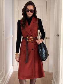 Elyressa Women's Elegant French Style Double-Breasted Lapel Neck Sleeveless Dress - Red - View 4