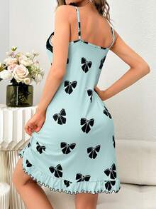 Bow Print Contrast Lace Ruffle Hem Cami Pajama Nightdress Holiday Season - Blue - View 2