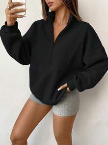 INAWLY Women's Loose Casual Stand Collar Half-Zip Sweatshirt Graduation,Back To School Outfits,Graduation,Teacher Outfits For Women,Back To School Pullover Fall Outfit - Black - View 5