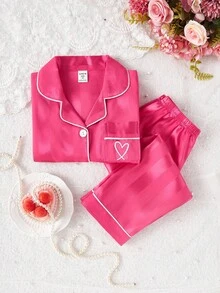 2件套少女简约香槟色条纹长袖开衫和裤子家居服套装 - 玫紅色 - 查看 4