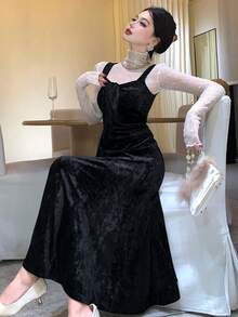 DAZY Fashionable Velvet Jacquard Bow Decor Mid-Length Dress For Women Elegant Women Dresses Prom Dress - Black - View 6