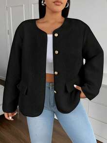 Flirla Plus Size Women Plain Color Long Sleeve Single Breasted Casual Loose Jacket For Autumn, For Winter Fall Cloth For Women - Black - View 3