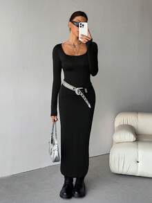SHEIN Tall Women's Fall/Winter Basic Knit Grey Fitted Square Neck Long Sleeve Dress Long Bodycon Dress Tight Long Dress Slim Dress Black Sexy Dress Women,Dresses For Women Elegant,New Year Dress ,Elegant Party Dresses - Black - View 6
