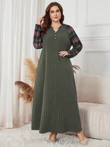 Lacomfia Plus Size Elegant Casual Plaid Patchwork Dress - Army Green - View 3