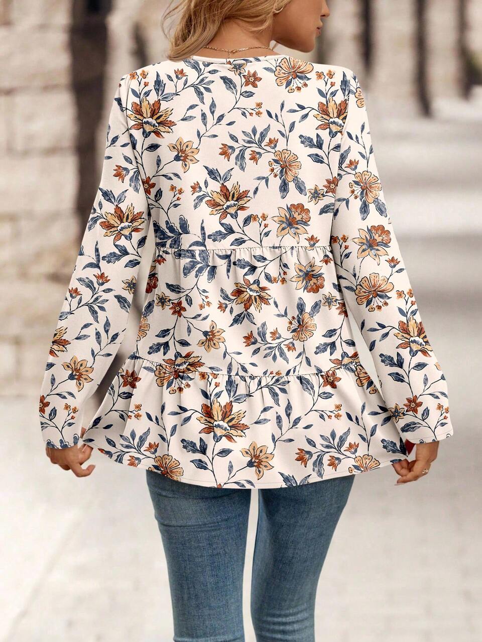 Women's Floral Print Round Neck Long Sleeve Ruffle Hem Casual Blouse Women Blouses Summer Floral Blouse Women Boho Shirts Women Tunic Tops For Women Tunic Blouse