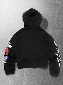 ROMWE MEN Grunge Punk 男士字母图案抓绒毛领连帽卫衣，宽松版型，冬季款 - 黑色 - 查看 2