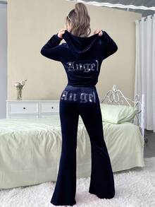 SHEIN Bộ đồ 2 món giản dị thanh lịch dành cho bé gái tuổi mới lớn, áo hoodie nhung đính đá Rhinestone có khóa kéo và quần ống loe ôm - Màu xanh hải quân - Xem 11