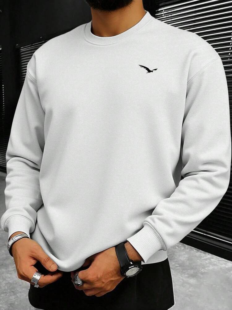 Men Bird Print Drop Shoulder Sweatshirt, White, For Fall, Long Sleeve Top