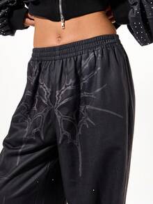 SUMWON WOMEN Oversized Rhinestone Embellished Graphic Joggers With Thorny Pattern Design For Women - Black - View 5