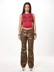 SUMWON WOMEN Faux Suede Low Rise Flare Trousers With Zipper Details For Festival Vintage Style - Brown - View 3