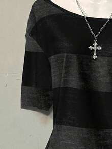 Attitoon Striped Casual Loose Plus Size One-Shoulder Drop Shoulder Short Sleeve T-Shirt, Comfortable & Relaxed College Style For Plus Size Women - Multicolor - View 6