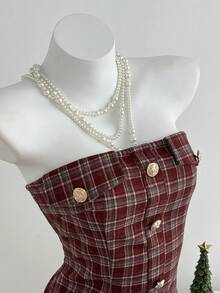 女式金属扣装饰格子抹胸 A 字迷你连衣裙 - 彩色 - 查看 5