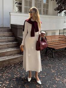 Elyressa Casual 3D Floral Decor Knitted Velvet Elegant French Style Dress For Women - Apricot - View 8