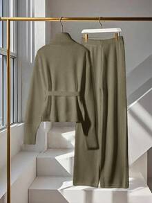 Franclia 2件套女士高端优雅针织毛衣，白色，秋冬 - 摩卡棕 - 查看 2