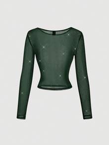 SHEIN MOD Women's Shiny Semi-Sheer Fitted Crew Neck Long Sleeve T-Shirt, Fall/Winter  Party,Elegant, Long Sleeve Mesh Top, See Through Top, Mesh Tops For Women, Green Sequin Top - Dark Green - View 2